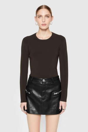 Hauts Rebecca Minkoff Bonnie Long Sleeve Femme Noir Cafe | 89OTIFJHZ