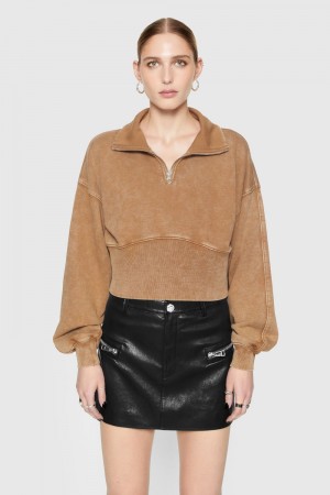 Hauts Rebecca Minkoff Winnie Acid-Wash Quarter Zip Femme Marron Lavage | 41DTLKSQE