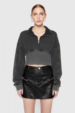 Hauts Rebecca Minkoff Winnie Acid-Wash Quarter Zip Femme Noir Lavage | 05BDAUVOZ