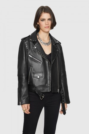 Leather Rebecca Minkoff Jett Moto with Studs Femme Noir | 17GBKTJVD