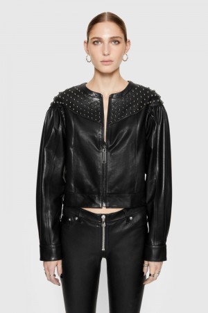 Leather Rebecca Minkoff Ozzy Studded Leather Jacket Femme Noir | 38MZGDIBX