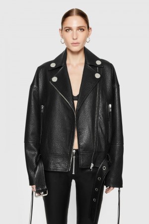 Leather Rebecca Minkoff Stevie Oversized Leather Moto Jacket Femme Noir | 32GFBXYVT